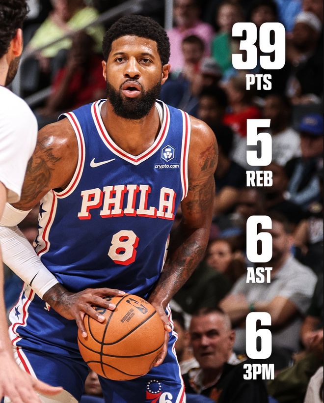 乔治39分率队大胜奇才 76人重返东部前六